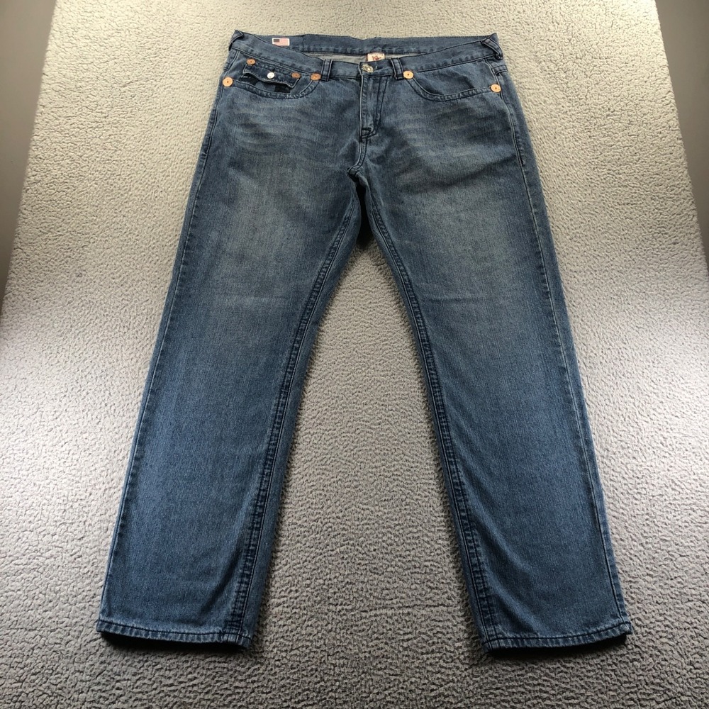 Vintage True Religion Jeans Mens 42x34 Blue Y2K Straight Skull Patch Made In USA - Picture 2 of 15
